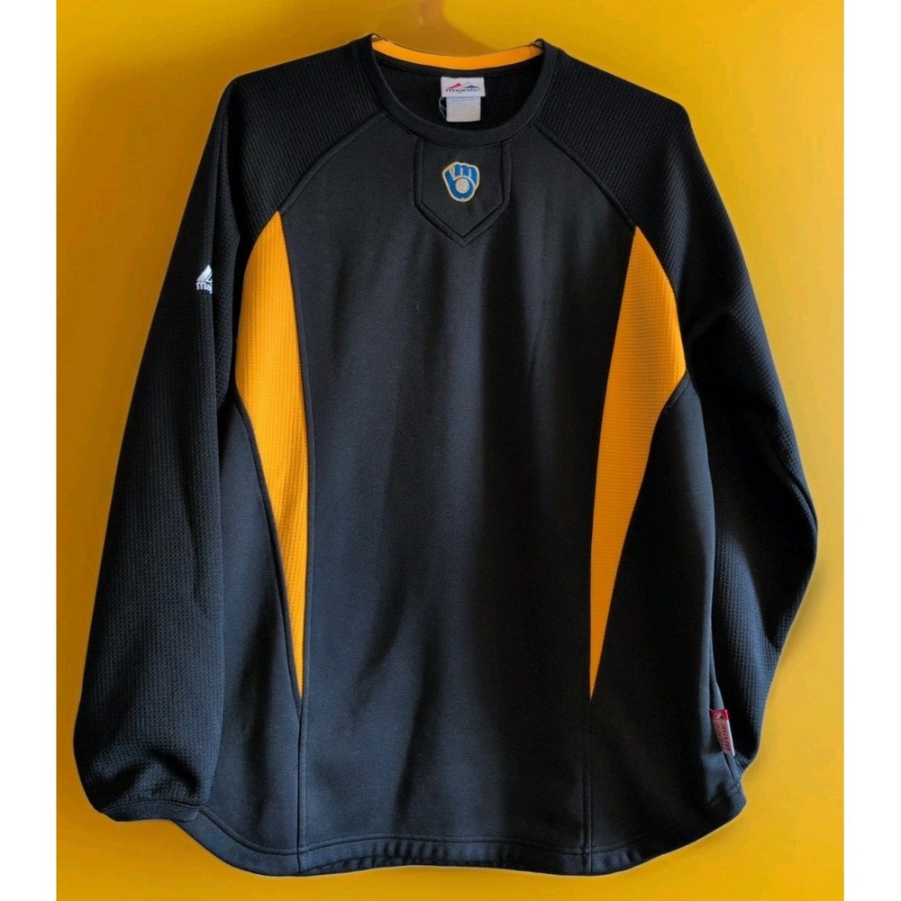 Milwaukee Brewers Majestic Therma Base Warmup Baseball Y2K Black Yello Shirt Lrg